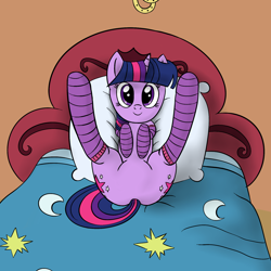 Size: 1754x1754 | Tagged: safe, artist:dopeedit, twilight sparkle, bed, both cutie marks, clothes, featureless crotch, looking at you, on back, pillow, socks, solo, striped socks