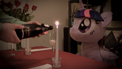 Size: 1920x1080 | Tagged: safe, artist:plushwaifus, photographer:corpulentbrony, twilight sparkle, twilight sparkle (alicorn), alicorn, pony, /mlp/, 4chan, bouquet, candle, candlelight, chair, champagne, corpulent brony, cute, female, flower, forever alone, glass, hand, hearts and hooves day, irl, life size, looking up, mare, meme, photo, plushie, pouring, rose, sitting, smiling, solo focus, table, twiabetes, valentine, valentine's day, waifu, waifu dinner