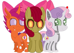 Size: 1936x1400 | Tagged: safe, artist:squipycheetah, apple bloom, scootaloo, sweetie belle, sweetie bot, changeling, earth pony, pony, robot, robot pony, undead, unicorn, zombie, zombie pony, fanfic:undead robot bug crusaders, friendship is witchcraft, crusaders of the lost mark, adorabloom, alternate color palette, alternate cutie mark, alternate eye color, alternate hairstyle, alternate universe, apple bloom's bow, blanked apple bloom, changelingified, cute, cutealoo, cutie mark, cutie mark crusaders, diasweetes, fangs, female, filly, foal, happy, hooves, horn, looking at you, orange changeling, possessed, race swap, scootaling, simple background, smiling, species swap, standing, story of the blanks, the cmc's cutie marks, transparent background, transparent wings, trio, vector