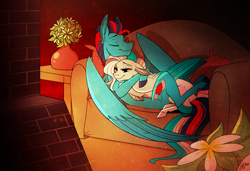 Size: 3839x2622 | Tagged: safe, artist:probablyfakeblonde, star catcher, oc, oc:andrew swiftwing, pegasus, pony, canon x oc, couple, cuddling, cutie mark, eyes closed, female, fireplace, flower, hug, male, mare, shipping, smiling, snuggling, sofa, stallion