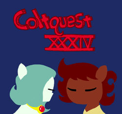 Size: 640x600 | Tagged: safe, artist:ficficponyfic, oc, oc only, oc:emerald jewel, oc:ruby rouge, earth pony, pony, amulet, child, color, colt, colt quest, cyoa, female, filly, foal, logo, male, recap, title, title card