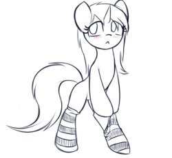 Size: 793x732 | Tagged: artist needed, safe, oc, oc only, pony, unicorn, bipedal, blank flank, blushing, clothes, frown, socks, solo, striped socks