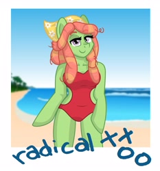 Size: 3354x3599 | Tagged: safe, artist:partylikeanartist, tree hugger, anthro, make new friends but keep discord, arm hooves, bandana, beach, breasts, busty tree hugger, clothes, dreadlocks, female, hippie, looking at you, one-piece swimsuit, photo, polaroid, smiling, solo, swimsuit, xoxo