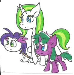 Size: 728x738 | Tagged: safe, artist:cmara, oc, oc only, oc:benjamin, oc:edward, oc:rebecca, dracony, hybrid, interspecies offspring, offspring, parent:rarity, parent:spike, parents:sparity, siblings, traditional art