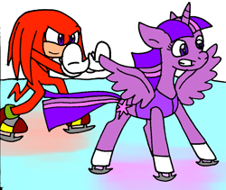 Size: 921x777 | Tagged: safe, artist:cmara, twilight sparkle, twilight sparkle (alicorn), alicorn, pony, crossover, female, ice skates, ice skating, knuckles the echidna, mare, paint tool sai, sonic the hedgehog (series)