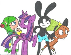 Size: 1120x871 | Tagged: safe, artist:cmara, twilight sparkle, twilight sparkle (alicorn), alicorn, pony, cosmo the seedrian, crossover, disney, female, mare, oswald the lucky rabbit, sonic the hedgehog (series), traditional art, wander (wander over yonder), wander over yonder