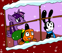 Size: 932x805 | Tagged: safe, artist:cmara, twilight sparkle, twilight sparkle (alicorn), alicorn, pony, crossover, disney, female, mare, oswald the lucky rabbit, paint tool sai, snow, snowfall, wander (wander over yonder), wander over yonder