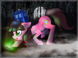 Size: 1280x956 | Tagged: safe, artist:zhozabel, derpibooru import, oc, oc only, oc:macdolia, earth pony, pony, doctor who, fog, forest, moon, night, pigtails, sonic screwdriver, tardis