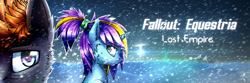 Size: 2160x720 | Tagged: safe, artist:starfall-spark, derpibooru import, oc, oc only, oc:lore drive, oc:starfall spark, fallout equestria, fallout equestria: lost empire, blizzard, cover art, crystal empire, cyberpunk, hoofington, lighting, reflection, snow, snowfall, winter