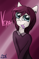 Size: 683x1024 | Tagged: safe, artist:darkvulpes, derpibooru import, oc, oc only, oc:vera aloe, anthro, anthro oc, ear piercing, female, piercing, smiling, solo, split tongue, tongue out