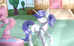 Size: 4700x2912 | Tagged: safe, artist:scarlet-spectrum, derpibooru import, oc, oc only, oc:raribot, pony, robot, robot pony, unicorn, commission, cutie mark, female, fountain, grass, hooves, horn, mare, ponyville, raised hoof, raribot, smiling, solo, tree