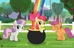 Size: 3025x1966 | Tagged: safe, artist:shutterflyeqd, apple bloom, scootaloo, sweetie belle, cute, cutie mark crusaders, flapping, happy, looking at you, pot of gold, rainbow, saint patrick's day, sweet apple acres