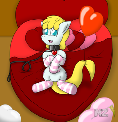 Size: 2029x2095 | Tagged: safe, artist:metalzaki, derpibooru import, oc, oc only, oc:tender heart, earth pony, pony, balloon, bed, blue eyes, charm, clothes, collar, colored pupils, female, heart balloon, heart bed, heart pillow, heart shaped bed, latex, latex socks, leash, lying, lying down, male, on back, open mouth, pillow, socks, stallion, striped socks
