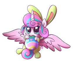 Size: 980x900 | Tagged: safe, artist:frankier77, princess flurry heart, pony, baby, baby pony, biting, bunny costume, bunny ears, clothes, cute, easter, easter egg, flurrybetes, looking at you, looking up, nom, simple background, sitting, smiling, solo, spread wings, transparent background
