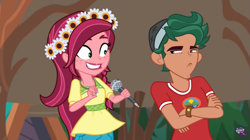 Size: 847x473 | Tagged: safe, derpibooru import, screencap, gloriosa daisy, timber spruce, equestria girls, legend of everfree, brother and sister, camp everfree logo, camp everfree outfits, excited, female, flower, frown, headband, magical geodes, male, microphone, siblings, smiling, timber spruce is not amused, unamused, watermark