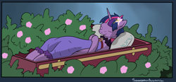 Size: 2482x1150 | Tagged: safe, artist:seventozen, edit, twilight sparkle, twilight sparkle (alicorn), alicorn, pony, casket, clothes, cropped, dead, dress, eyes closed, female, flower, flower in hair, funeral, implied death, mare, mortality blues, pillow, playing dead, solo