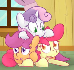 Size: 1071x1021 | Tagged: safe, artist:mr-degration, derpibooru import, apple bloom, scootaloo, sweetie belle, adorabloom, clubhouse, crusaders clubhouse, cute, cutealoo, cutie mark crusaders, diasweetes, pony pile, tongue out