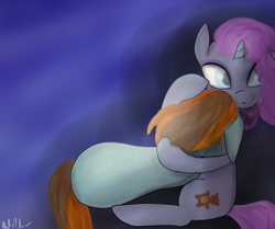 Size: 1024x855 | Tagged: safe, artist:restartbob, derpibooru import, oc, oc only, oc:mercury vapour, oc:morning shadow, comforting, female, hug, lesbian