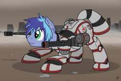 Size: 3000x2015 | Tagged: safe, artist:mrlolcats17, derpibooru import, oc, oc only, oc:scout charger, earth pony, pony, fallout equestria, anti-materiel rifle, anti-tank rifle, applejack's rangers, battle stance, commission, determined, gun, male, minigun, power armor, powered exoskeleton, profile, rifle, solo, stallion, steel ranger, weapon