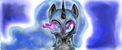 Size: 1354x560 | Tagged: safe, artist:girlscoutdragon, derpibooru import, nightmare moon, bust, looking at you, portrait, smirk, solo