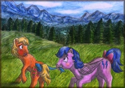 Size: 1721x1220 | Tagged: safe, artist:elfman83ml, applejack (g1), firefly, g1, accessory theft, forest, mountain, scenery, tail bow, traditional art