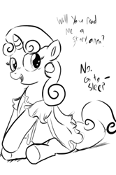Size: 459x693 | Tagged: artist needed, safe, derpibooru import, sweetie belle, oc, oc:anon, blushing, clothes, dialogue, monochrome, offscreen character, simple background, sitting