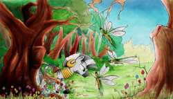 Size: 2000x1143 | Tagged: safe, artist:ecmonkey, zecora, zebra, everfree forest, female, flower, forest, sprite, traditional art