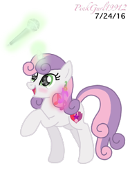 Size: 768x1024 | Tagged: safe, artist:cinnamon-swirls, artist:pinkgurl19912, derpibooru import, sweetie belle, cutie mark, ear piercing, earring, jewelry, magic, microphone, older, open mouth, piercing, raised leg, signature, simple background, solo, the cmc's cutie marks, transparent background