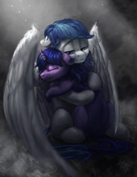 Size: 984x1277 | Tagged: safe, artist:amishy, derpibooru import, oc, oc only, oc:rainy, pegasus, pony, unicorn, canon x oc, embrace, eyes closed, hug, lidded eyes, sad, shipping, sitting, spread wings, wings