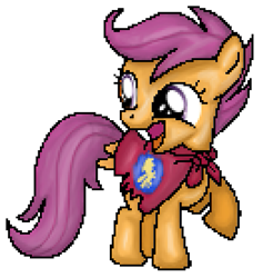 Size: 527x555 | Tagged: safe, artist:creepygamertip, derpibooru import, scootaloo, cape, clothes, cmc cape, open mouth, pixel art, raised hoof, simple background, solo, transparent background