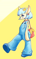 Size: 2000x3236 | Tagged: safe, artist:unousaya, derpibooru import, coco pommel, semi-anthro, arm hooves, bag, clothes, cute, overalls, solo