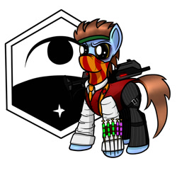 Size: 1051x1024 | Tagged: safe, artist:tla, derpibooru import, oc, oc only, earth pony, pony, clothes, exalt, gun, mask, necktie, syringe, vest, weapon, x-com