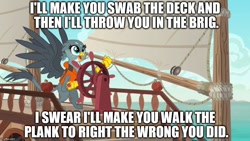 Size: 888x500 | Tagged: safe, derpibooru import, edit, edited screencap, screencap, gabby, griffon, the fault in our cutie marks, bipedal, boat, caption, donkey kong country, female, gabby's shanty, lifejacket, meme, ocean, open mouth, smiling, song reference, spread wings, wings