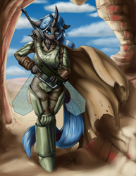 Size: 618x800 | Tagged: safe, artist:aphexangel, oc, oc only, anthro, changeling, unguligrade anthro, fallout equestria, 12.7mm smg, armor, cloak, clothes, desert, fallout, female, gun, rifle, sniper rifle, solo, weapon