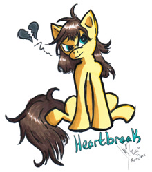 Size: 839x952 | Tagged: safe, artist:cojiro, derpibooru import, oc, oc only, oc:heartbreak, earth pony, pony, angry, cyan eyes, female, heart, human in equestria, human to pony, male to female, mare, messy mane, my little heartbreak, rule 63, sitting, solo, traditional art