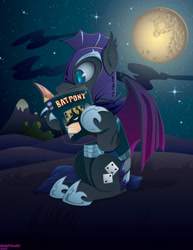 Size: 2550x3300 | Tagged: safe, artist:andypriceart, oc, oc only, oc:au hasard, bat pony, pony, batman, full moon, moon, night, night guard, sitting, solo, stars, vector