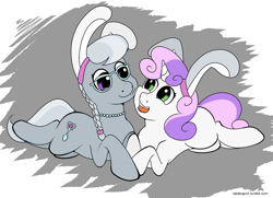 Size: 2400x1742 | Tagged: safe, artist:riscke, derpibooru import, silver spoon, sweetie belle, bunny ears, female, glasses, jewelry, lesbian, necklace, open mouth, shipping, silverbelle