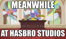 Size: 1051x631 | Tagged: safe, derpibooru import, edit, edited screencap, screencap, gladmane, viva las pegasus, exploitable meme, hasbro, hasbro studios, image macro, lucifer hasbro, meanwhile, meanwhile at hasbro hq, meme