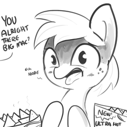 Size: 1080x1080 | Tagged: safe, artist:tjpones, big macintosh, earth pony, pony, chips, dialogue, food, grayscale, male, monochrome, nachos, nope, offscreen character, open mouth, simple background, solo, spicy, sweat, this will end in pain, tongue out, white background