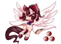 Size: 1280x931 | Tagged: safe, artist:san tu ya meng, derpibooru import, oc, oc only, alicorn, pony, alicorn oc, hakurei reimu, horseshoes, pixiv, ponified, simple background, solo, touhou, transparent background