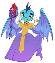Size: 800x911 | Tagged: safe, artist:queencold, derpibooru import, dragon lord ember, princess ember, dragon, armor, beautiful, bloodstone scepter, clothes, curtsey, dragoness, dress, jewelry, lady of war, queen, simple background, solo, teenaged dragon, transparent background