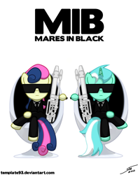 Size: 4500x5700 | Tagged: safe, artist:template93, derpibooru import, bon bon, lyra heartstrings, sweetie drops, absurd resolution, bon bond, clothes, gun, mares in black, men in black, parody, secret agent sweetie drops, suit, sunglasses, weapon