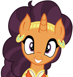 Size: 3309x3450 | Tagged: safe, artist:sketchmcreations, derpibooru import, saffron masala, pony, unicorn, spice up your life, cute, ear piercing, earring, grin, happy, jewelry, looking at you, piercing, simple background, smiling, solo, transparent background, vector