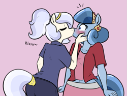 Size: 847x642 | Tagged: safe, artist:whatsapokemon, oc, oc only, oc:heart song, oc:opalescent pearl, anthro, crystal pony, blushing, clothes, female, kissing, lesbian, mare