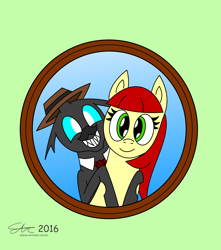 Size: 2700x3054 | Tagged: safe, artist:derpanater, derpibooru import, oc, oc only, oc:toothpick, changeling, clothes, fedora, female, happy, hat, husband and wife, looking at you, male, necktie, picture, picture frame, simple background, smiling, toothy grin