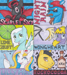 Size: 1067x1200 | Tagged: safe, artist:michael thompson, derpibooru import, oc, oc only, oc:lilly mew, oc:lime zest, oc:nightrain, oc:rockococoa, oc:scarlet sky, oc:wingheart, bat pony, changeling, earth pony, pegasus, pony, unicorn, badge, bronycan, con badge, cute, nightmare, traditional art