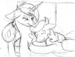 Size: 960x726 | Tagged: safe, artist:michael thompson, derpibooru import, oc, oc only, oc:mana sketch, oc:sugar lock, pegasus, pony, unicorn, bronycan, cuddling, duo, female, male, monochrome, sketch, snuggling, sofa, traditional art