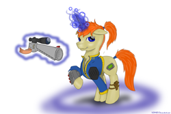 Size: 3000x2000 | Tagged: safe, artist:vldmr07, derpibooru import, oc, oc only, oc:littlepip, pony, unicorn, fallout equestria, alternate design, clothes, fanfic, fanfic art, female, glowing horn, gun, handgun, horn, little macintosh, magic, mare, pipbuck, revolver, simple background, solo, telekinesis, vault suit, weapon, white background