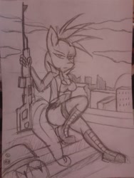 Size: 1920x2560 | Tagged: safe, artist:furnaz, derpibooru import, oc, oc only, anthro, boots, female, gun, monochrome, post-apocalyptic, rifle, sniper rifle, sniperskya vintovka dragunova, solo, traditional art, weapon