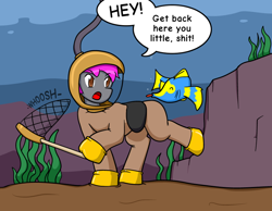 Size: 800x620 | Tagged: safe, artist:defilerzero, derpibooru import, oc, oc only, oc:crash dive, fish, pegasus, pony, chase, diving suit, dodge, fail, fishing net, helmet, net, seaweed, solo, speech bubble, tongue out, underwater, vulgar